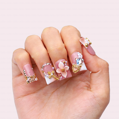 Butterfly Bloom-Nude Pink Short Duck Press-Ons with 3D Floral & Gold Butterfly Charms