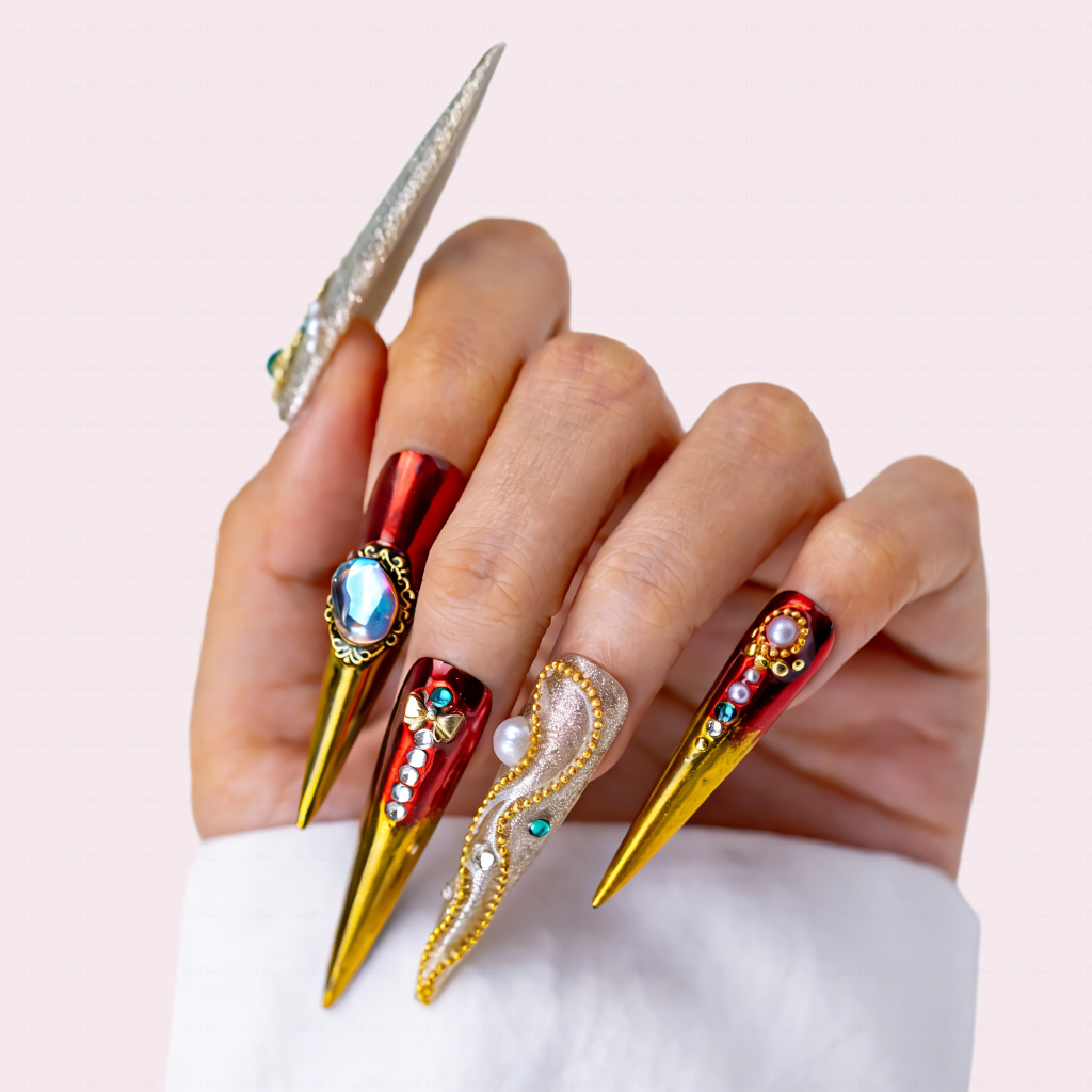 Royal Gala – Red & Gold Stiletto Press-Ons with Crystal & Pearl Accents