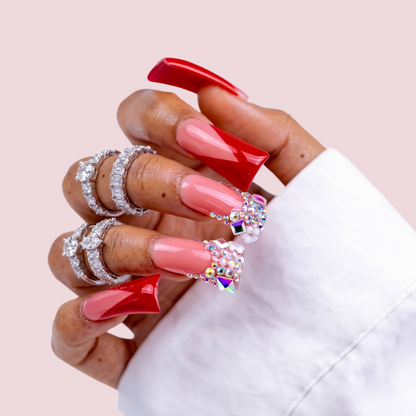 Ruby V French  Nude & Red Long Duck Press-Ons with Iridescent Rhinestone Accents