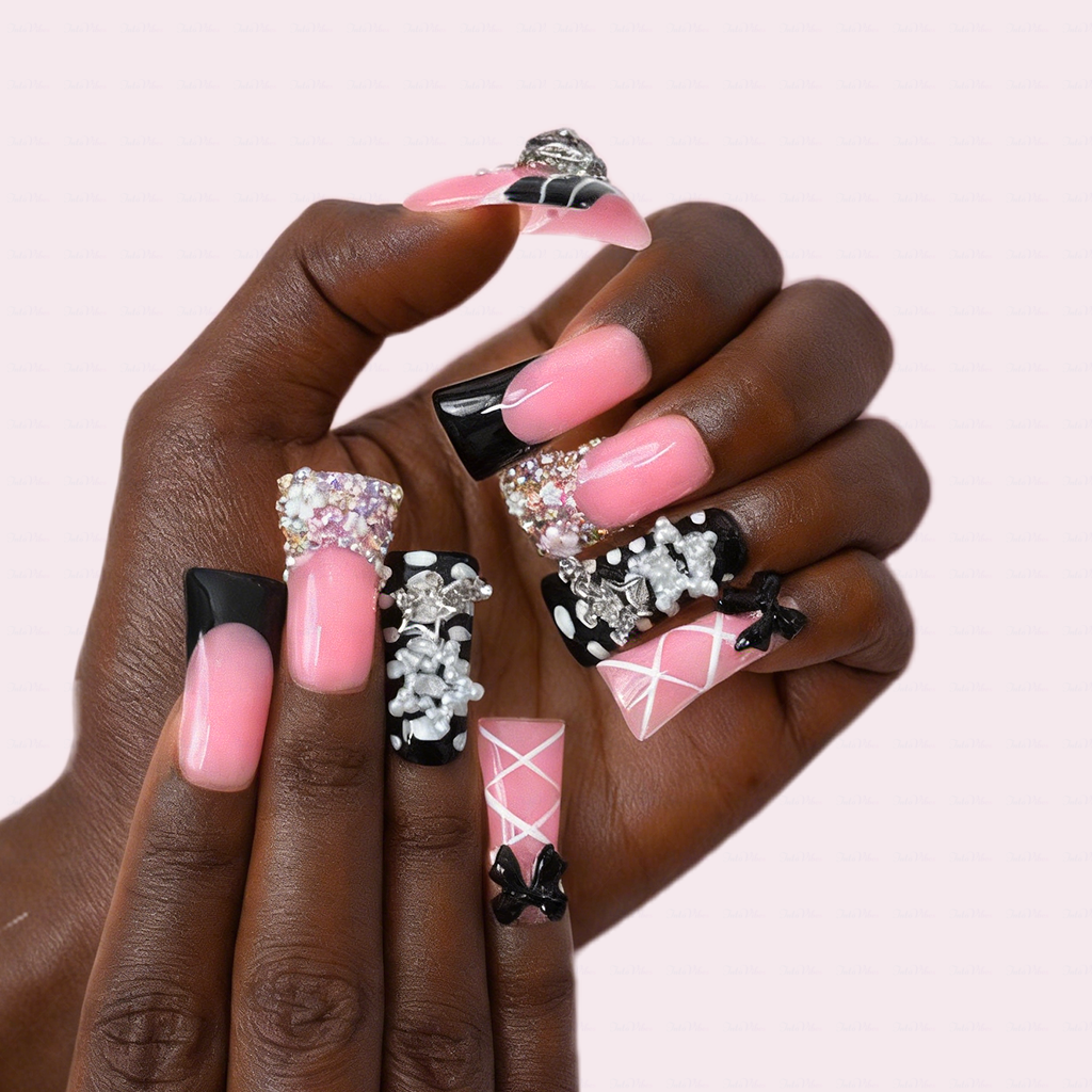 Sugar Bite – Sweet Pink Long Duck Press-Ons  with Pearl Bow & Rhinestone Charm