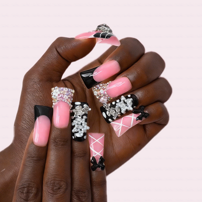 Sugar Bite – Sweet Pink Long Duck Press-Ons  with Pearl Bow & Rhinestone Charm