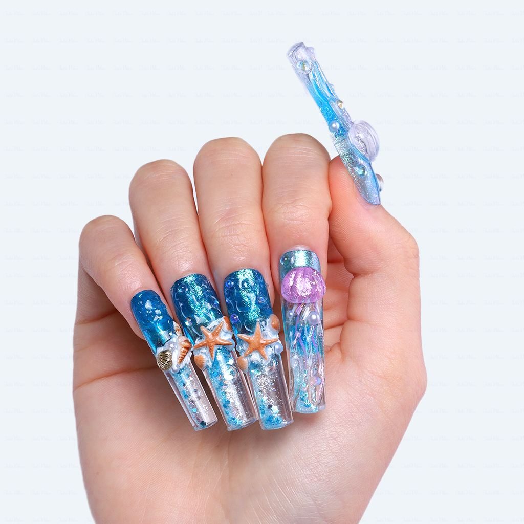 Ocean Whisper - Ocean Blue Long Coffin Press-Ons with Jellyfish & Starfish Charms