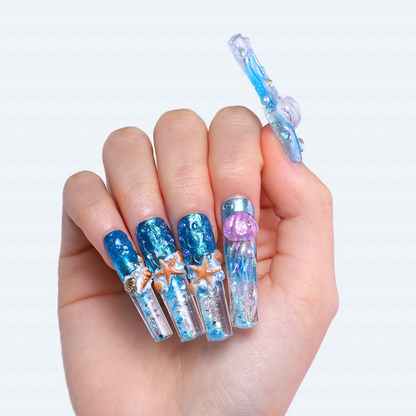 Ocean Whisper - Ocean Blue Long Coffin Press-Ons with Jellyfish & Starfish Charms