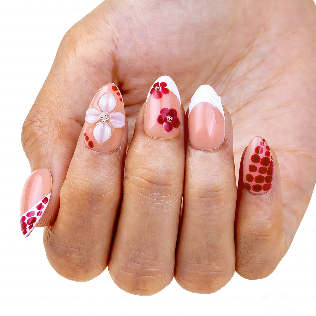Red Leopard Bloom – Nude Red Short Almond Press-Ons with 3D Floral & Leopard Print Accents