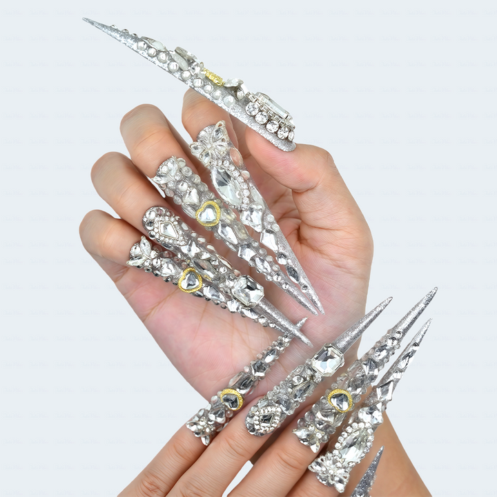 Diamond Spike – Silver Glitter Stiletto Press-Ons with Full Rhinestone Coverage