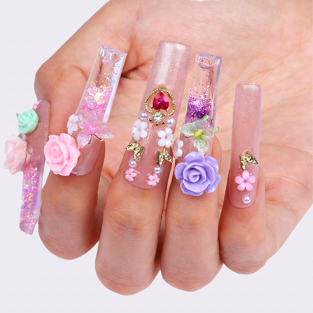 Rose Fairy  Nude & Purple Long Square Water Press-Ons with 3D Rose & Butterfly Charms