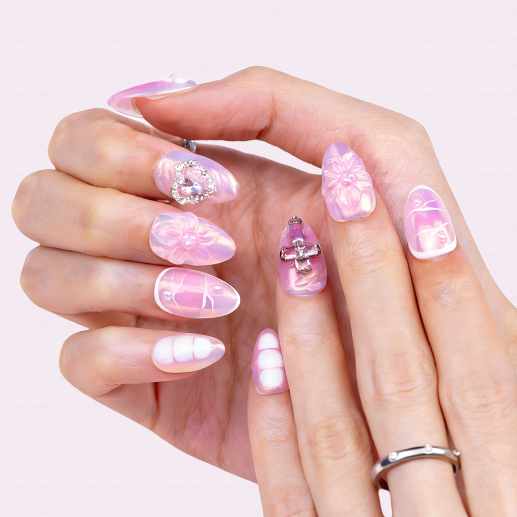 Aurora Bloom – Iridescent Pink Short Almond Press-Ons with 3D Floral & Heart Rhinestone Charms