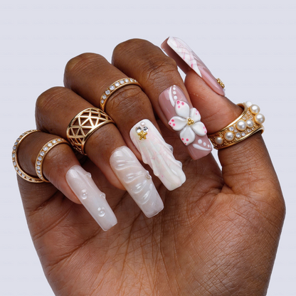 Seashell Bloom-Nude & White Medium Square Press-Ons with 3D Floral & Seashell Accents
