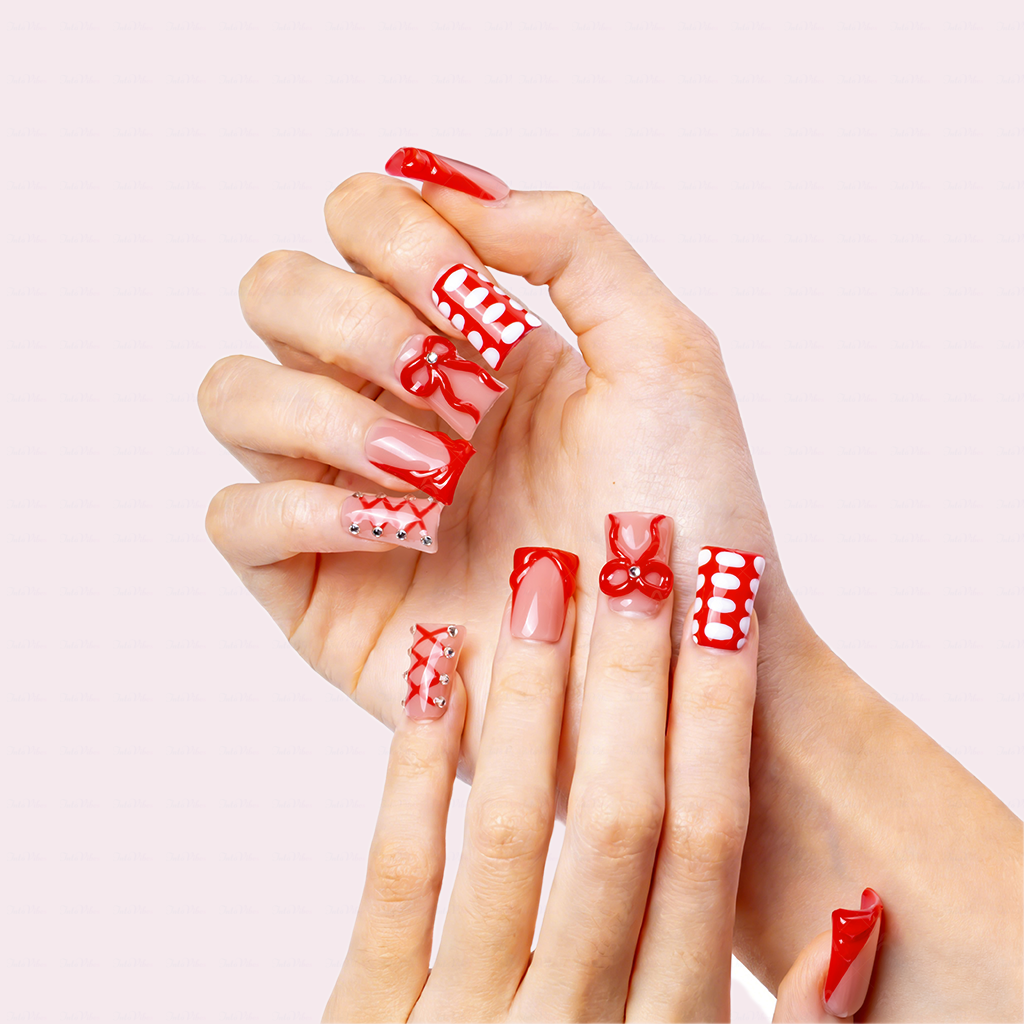 Crimson Bow – Nude & Red Short Duck Press-Ons with 3D Bow & Lace Accents