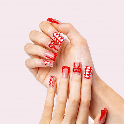 Crimson Bow – Nude & Red Short Duck Press-Ons with 3D Bow & Lace Accents