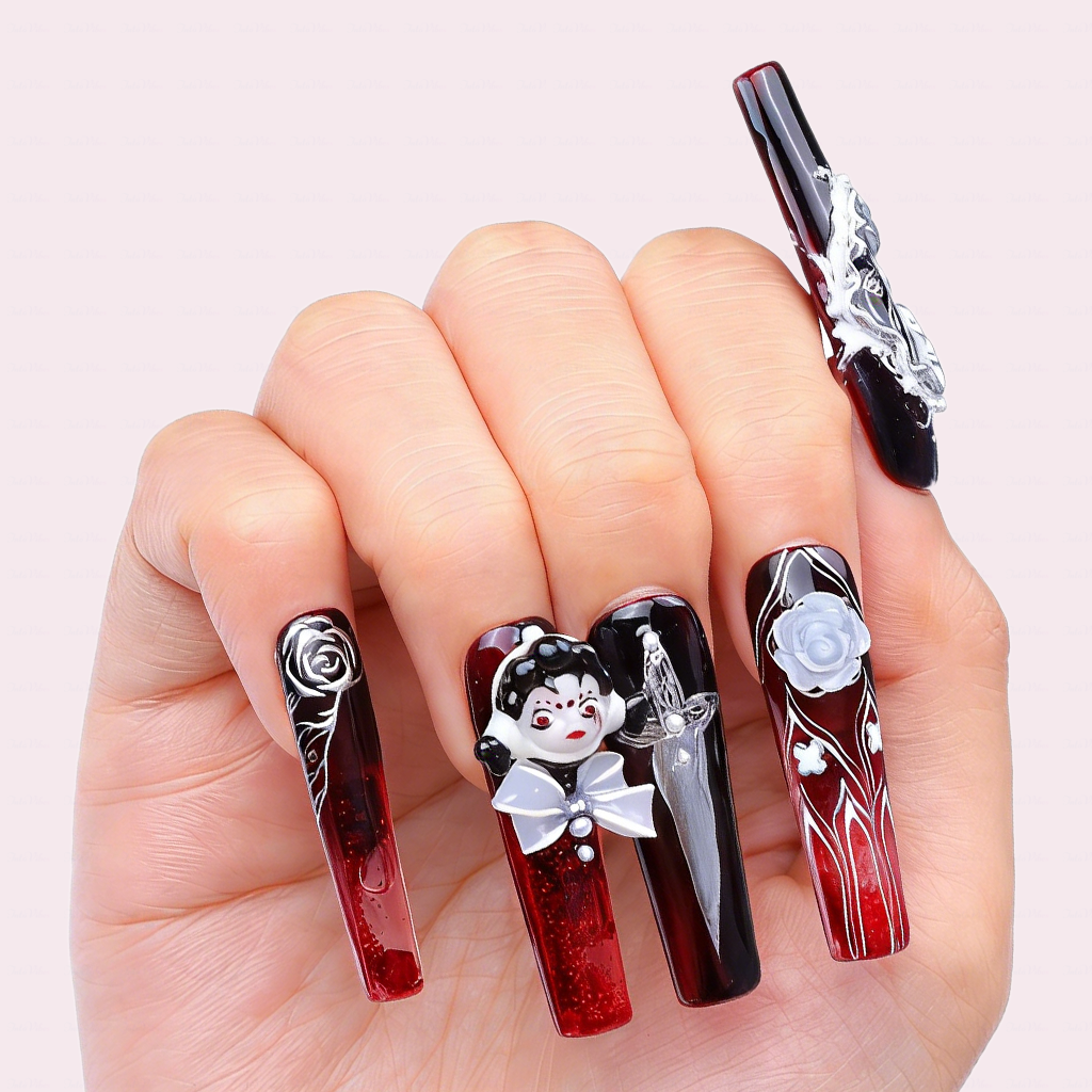 Goth Doll-Black & Red Long Square Water Press-Ons with 3D Doll & Snake Charms