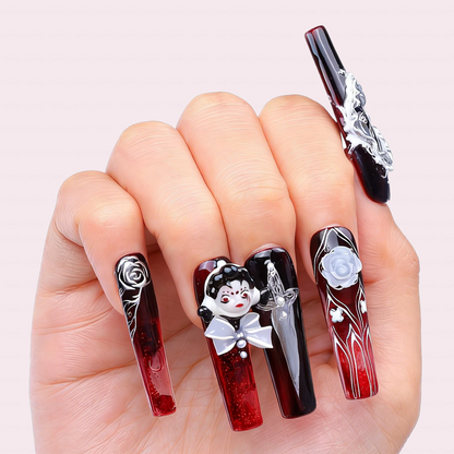 Goth Doll-Black & Red Long Square Water Press-Ons with 3D Doll & Snake Charms