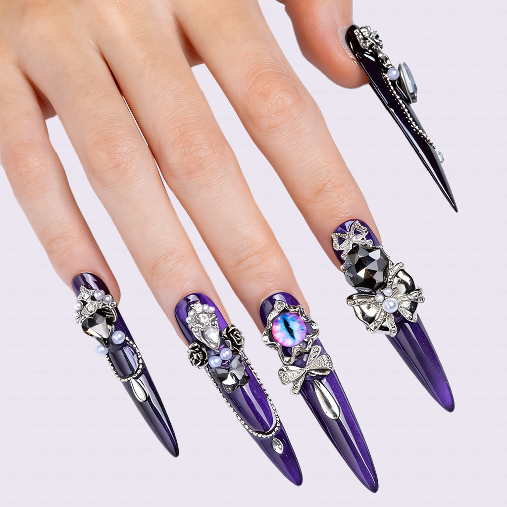 Noir Amethyst – Satin Purple Stiletto Press-Ons with Dark Crystal & Chain Charms
