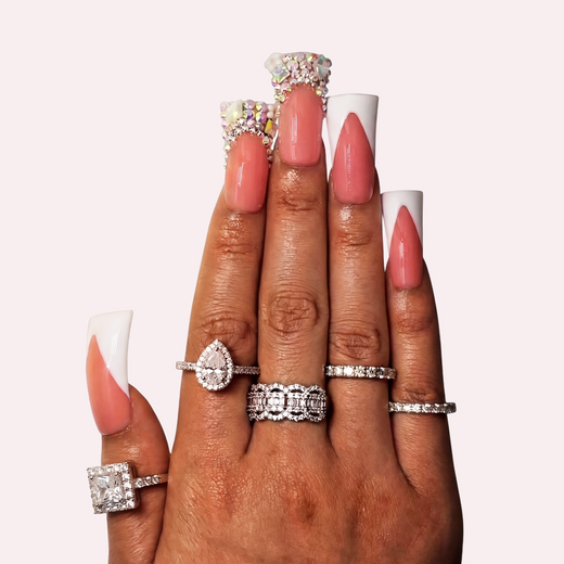 White V French – Nude & White Long Duck Press-Ons with Iridescent Rhinestone Accents