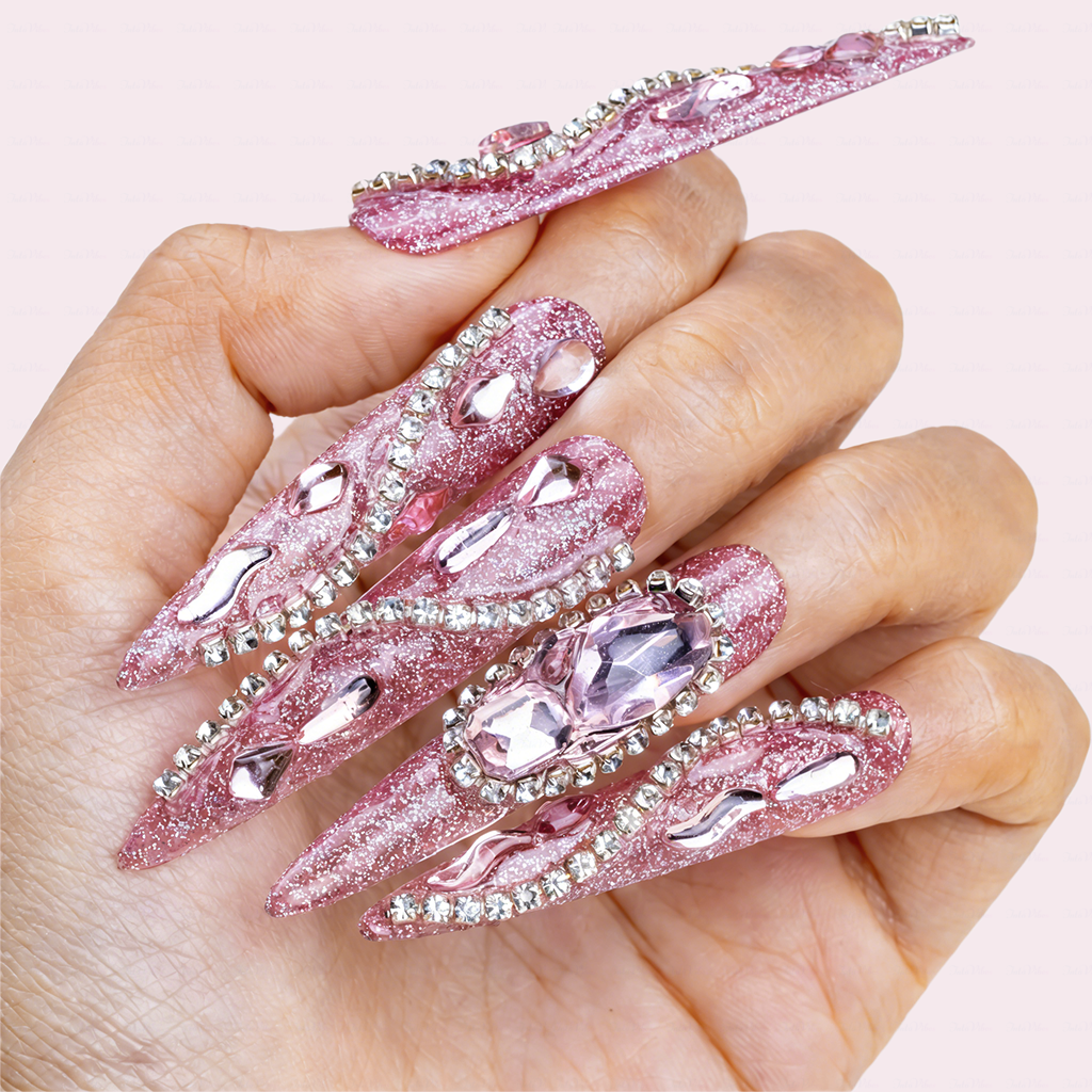 Pink Glitz Twist – Glitter Pink Stiletto Press-Ons with Rhinestone Swirls