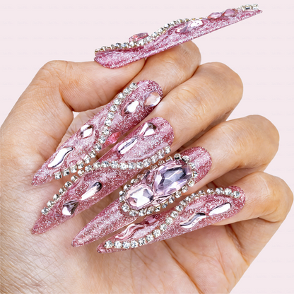 Pink Glitz Twist – Glitter Pink Stiletto Press-Ons with Rhinestone Swirls