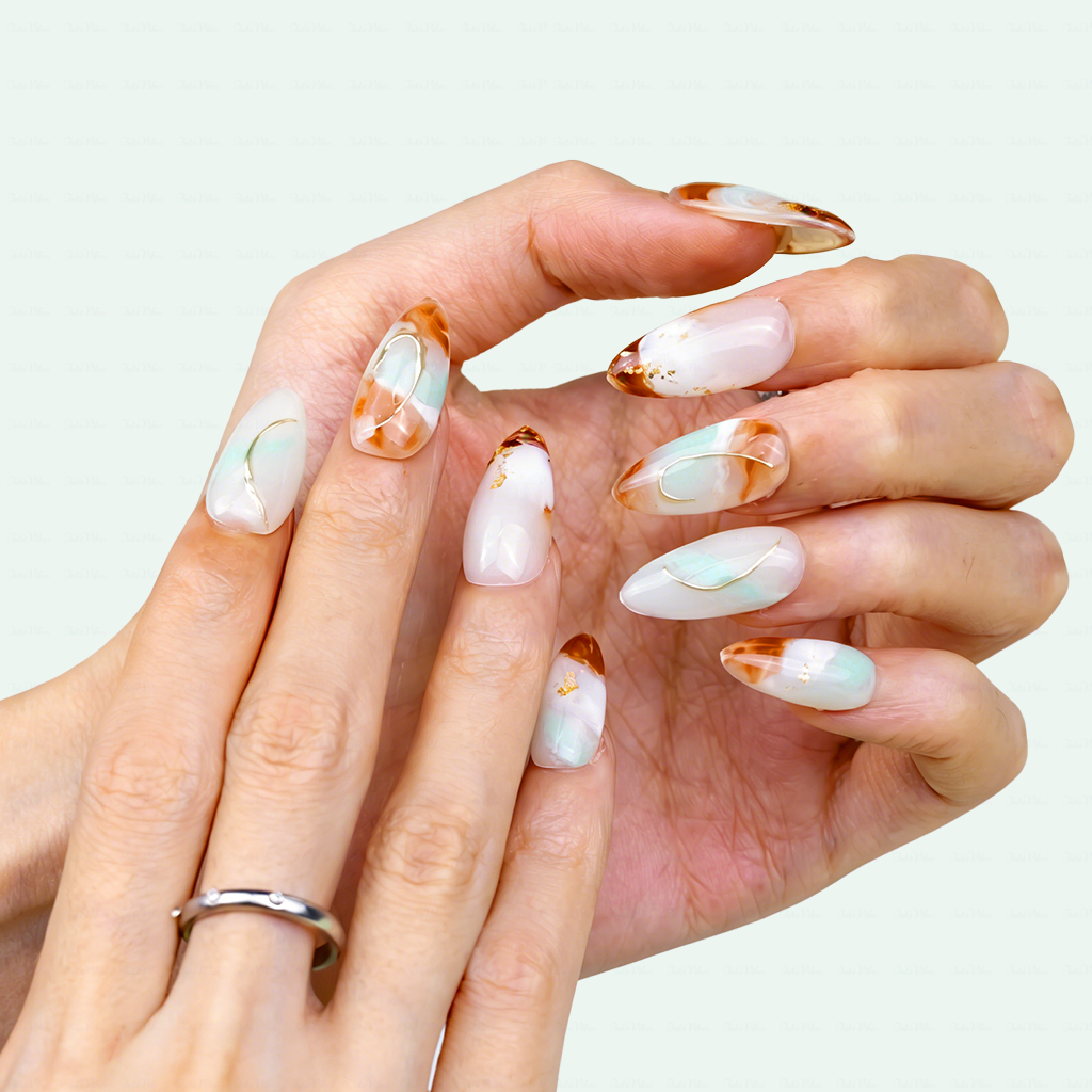 Jade Latte – Mint & Caramel Medium Almond Press-Ons with Marble Swirl & Gold Foil Accents