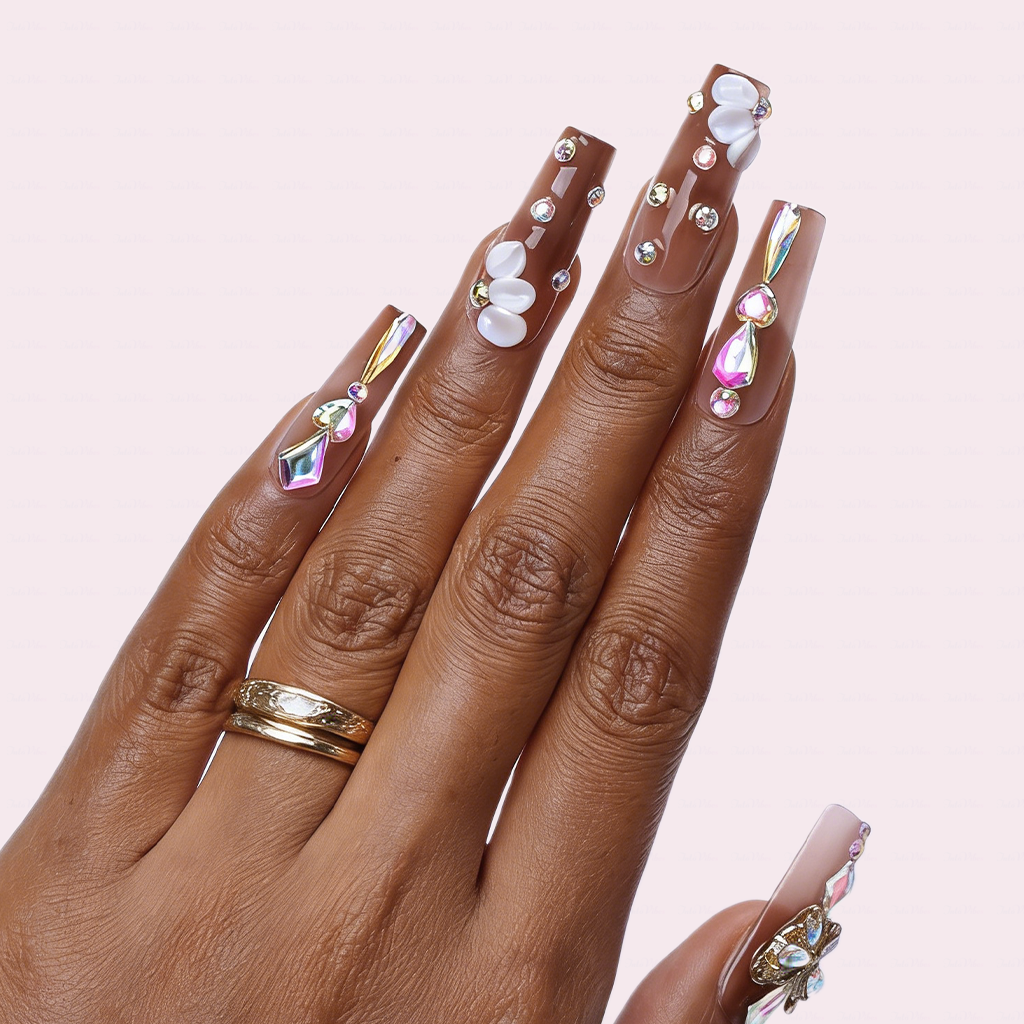 Butterfly Glow Nude Brown Medium Square Press-Ons with Gold Butterfly & Iridescent Gem Accents