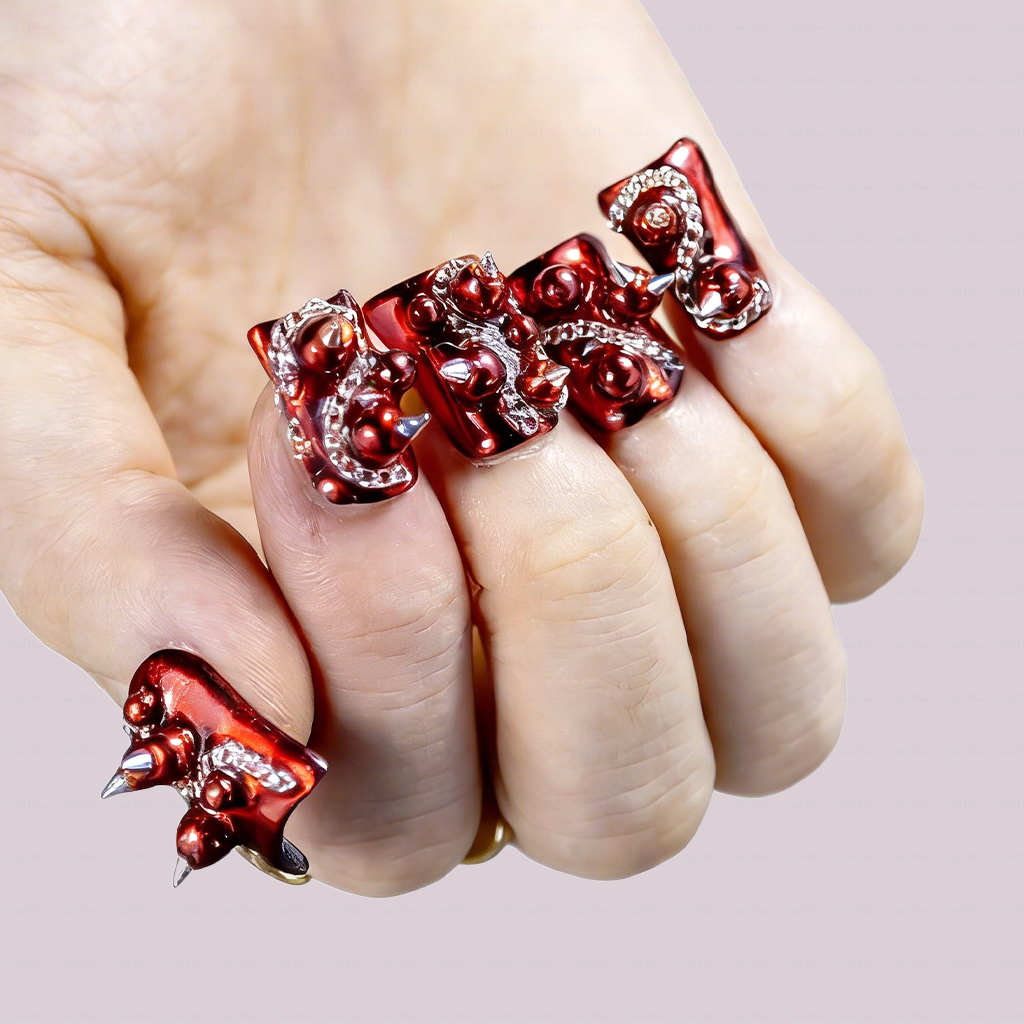 Rebel Chain – Metallic Red Short Duck Press-Ons with Spike & Chain Charms