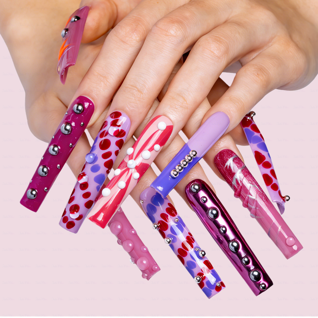 Pink Pop Art – Multi-Tone Long Square Press-Ons with 3D Dot & Stud Accents