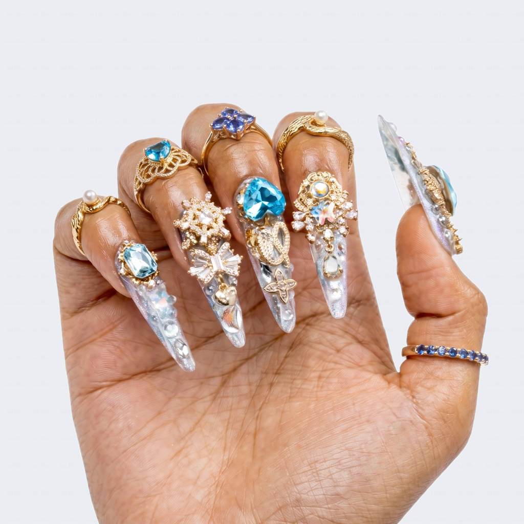 Made-to-Order | Icy Celestial Princess – Iridescent White & Aqua Long Stiletto Press-Ons with Gold Gem Charms
