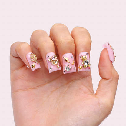 Magic Babe-Baby Pink Short Duck Press-Ons with 3D Bear & Magic Wand Charms