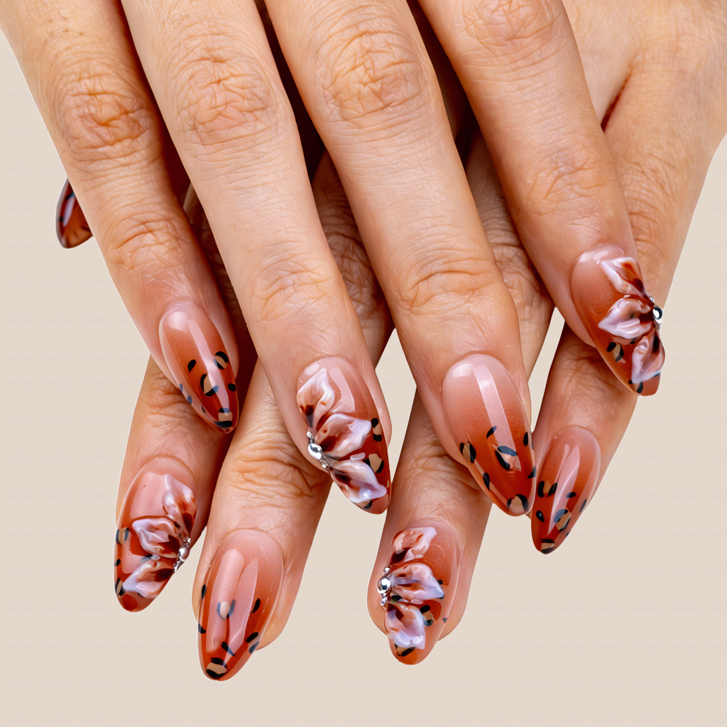 Caramel Bow – Amber Brown Short Almond Press-Ons with Leopard Print & 3D Bow Accents
