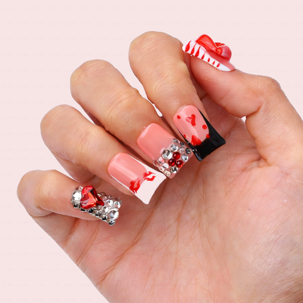 Lipstick Babe-Nude & Red Short Duck Press-Ons with 3D Lip & Heart Gem Accents