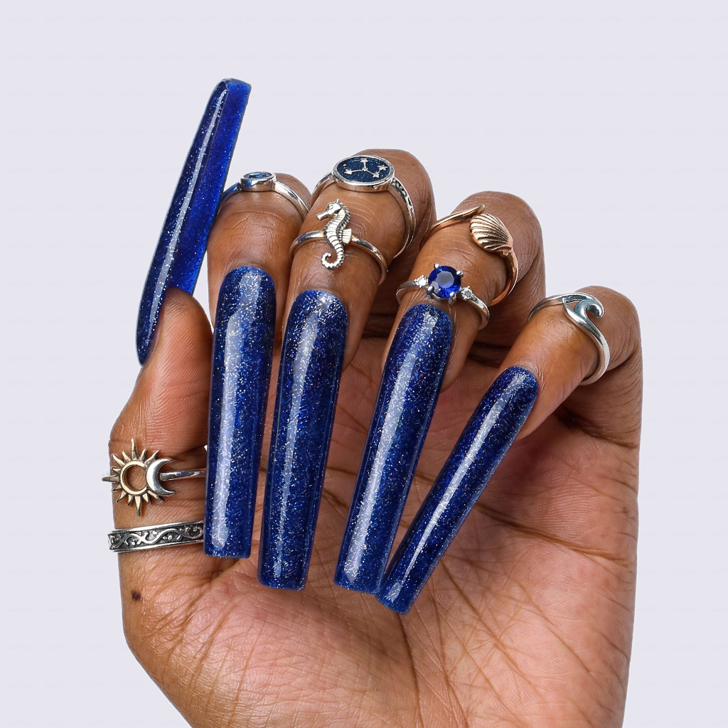 Midnight Galaxy – Deep Blue & Silver Glitter Long Square Press-Ons