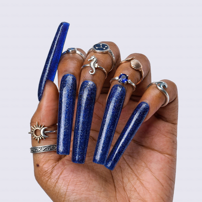 Midnight Galaxy – Deep Blue & Silver Glitter Long Square Press-Ons