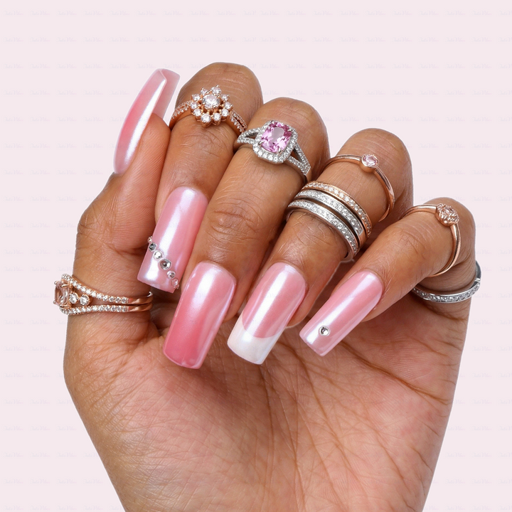 Aurora Blush – Pink & White Medium Square Press-Ons with Crystal Accents