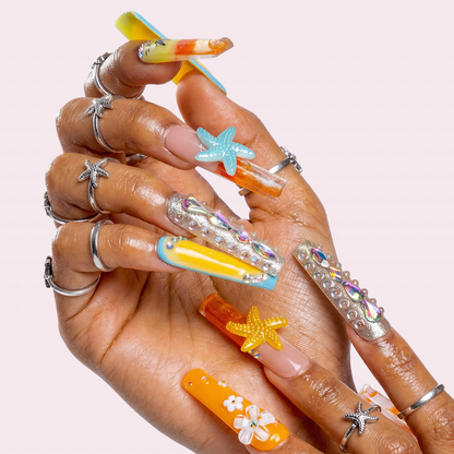 Sunset Beach-Orange & Yellow Long Square Water Press-Ons with 3D Starfish & Palm Tree Accents