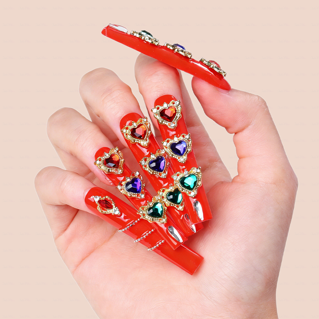 Royal Heart – Bright Red Long Square Press-Ons with Multi-Color Heart Gem & Gold Accents
