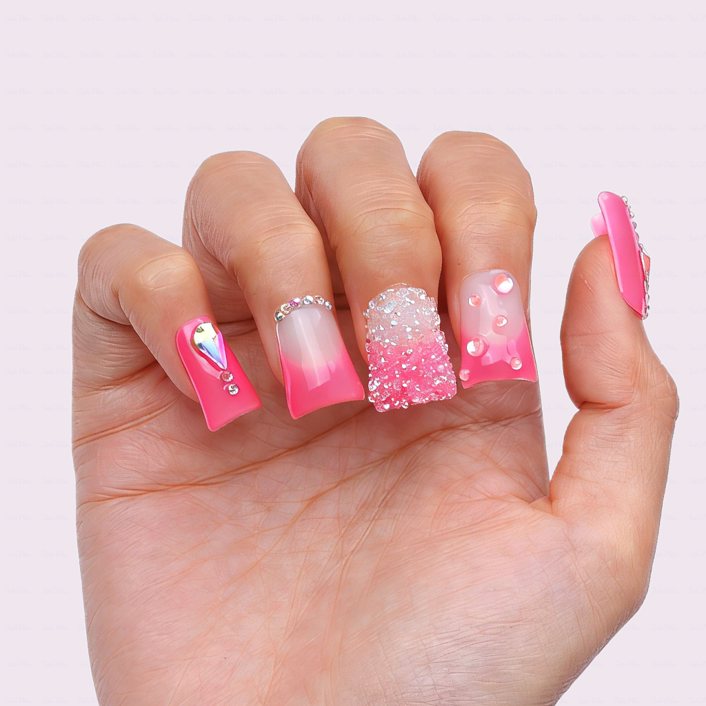 Bubblegum Bling-Hot Pink Short Duck Press-Ons with Ombre Sugar Rhinestone & Crystal Accents