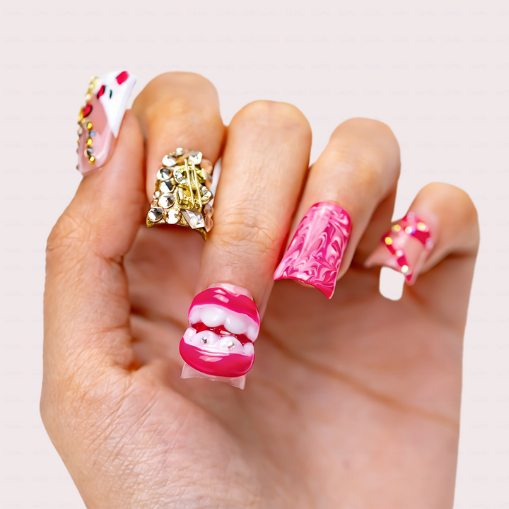 Baddie Lip – Hot Pink Short Duck Press-Ons with 3D Lip & Dollar Sign Charms