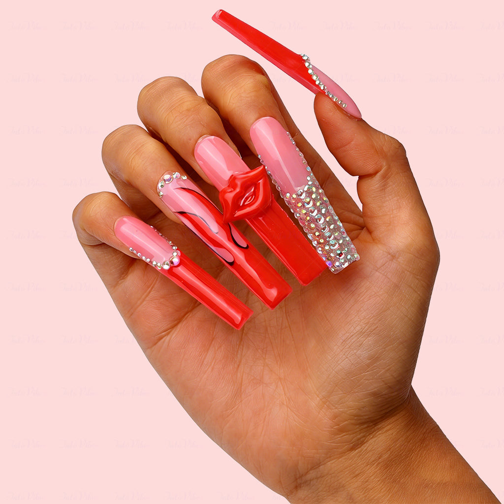 3D Lip French  Red & Nude Long Square Press-Ons with 3D Lip Charms & Rhinestone Details