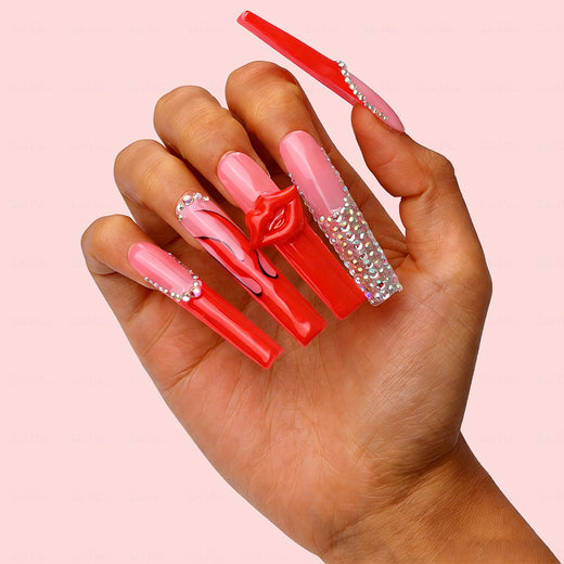 3D Lip French  Red & Nude Long Square Press-Ons with 3D Lip Charms & Rhinestone Details