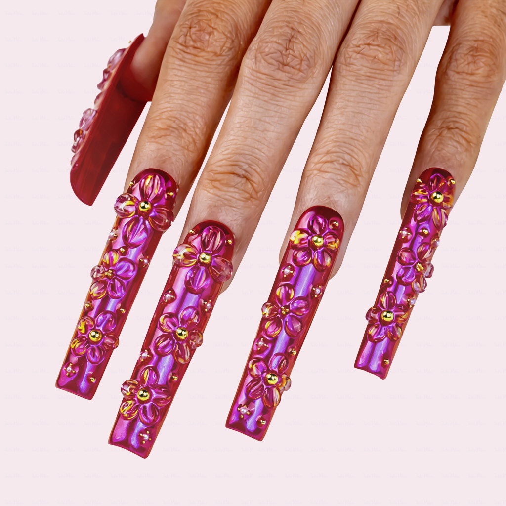 Bloom Aurora – Iridescent Purple Long Square Press-Ons with 3D Floral Charms