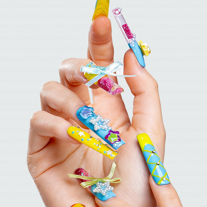 Kawaii Bow  Blue & Yellow Long Square Water Press-Ons with 3D Bow & Moon Charms
