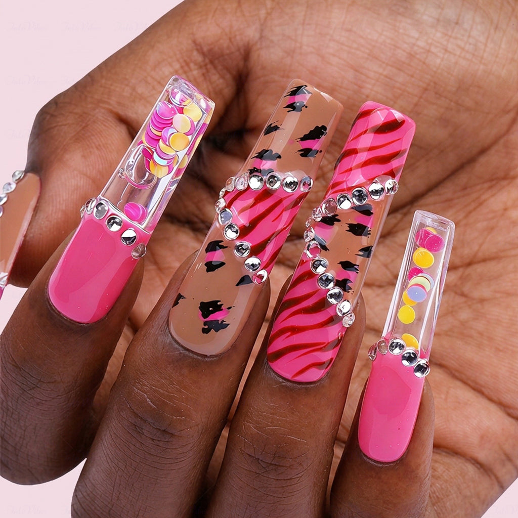 Kitty Leopard  Hot Pink & Brown Long Square Water Press-Ons with Tiger Print & 3D Bow Charms