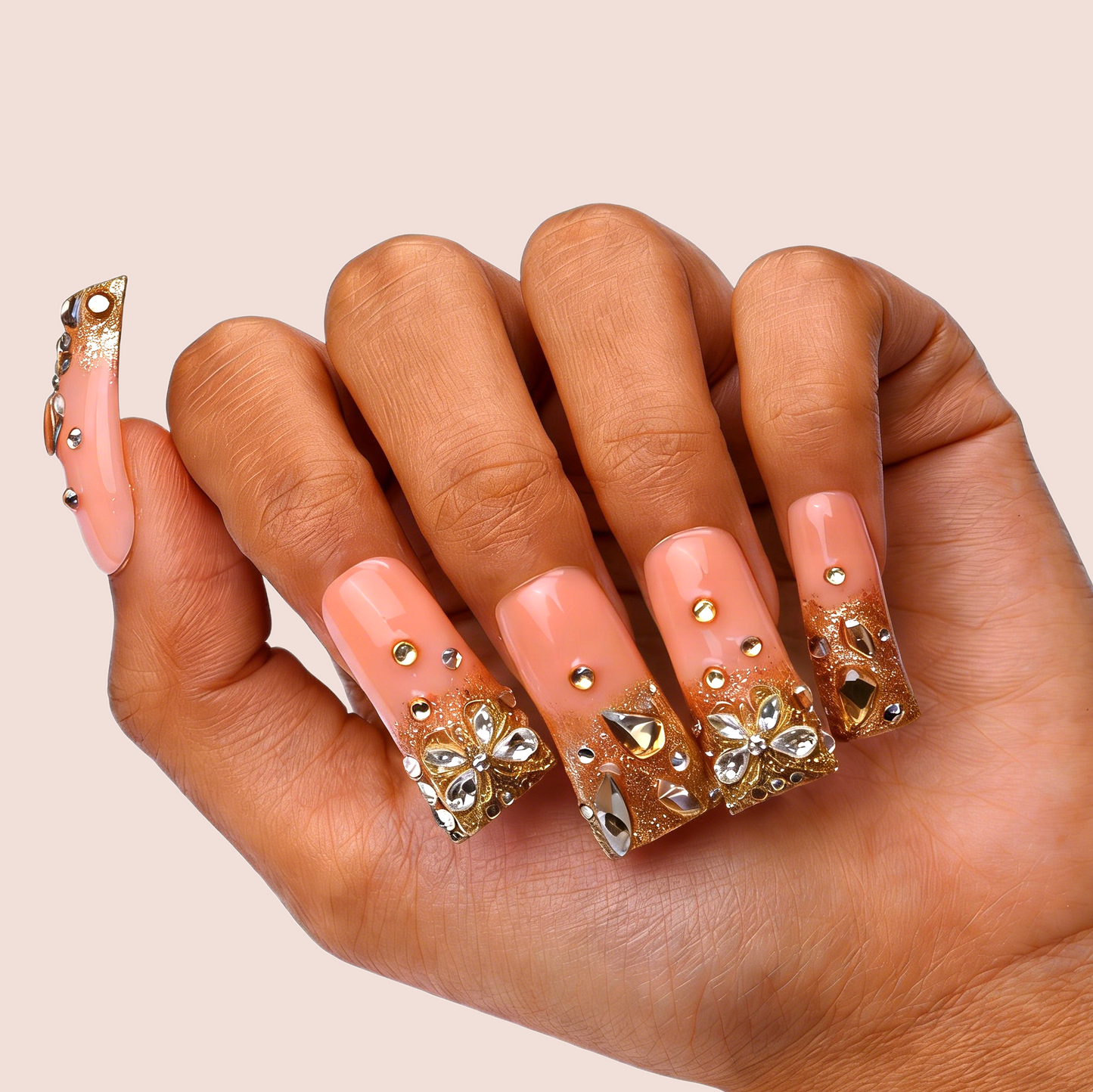 Golden Butterfly – Nude & Gold Long Duck Press-Ons with Butterfly Rhinestone Accents