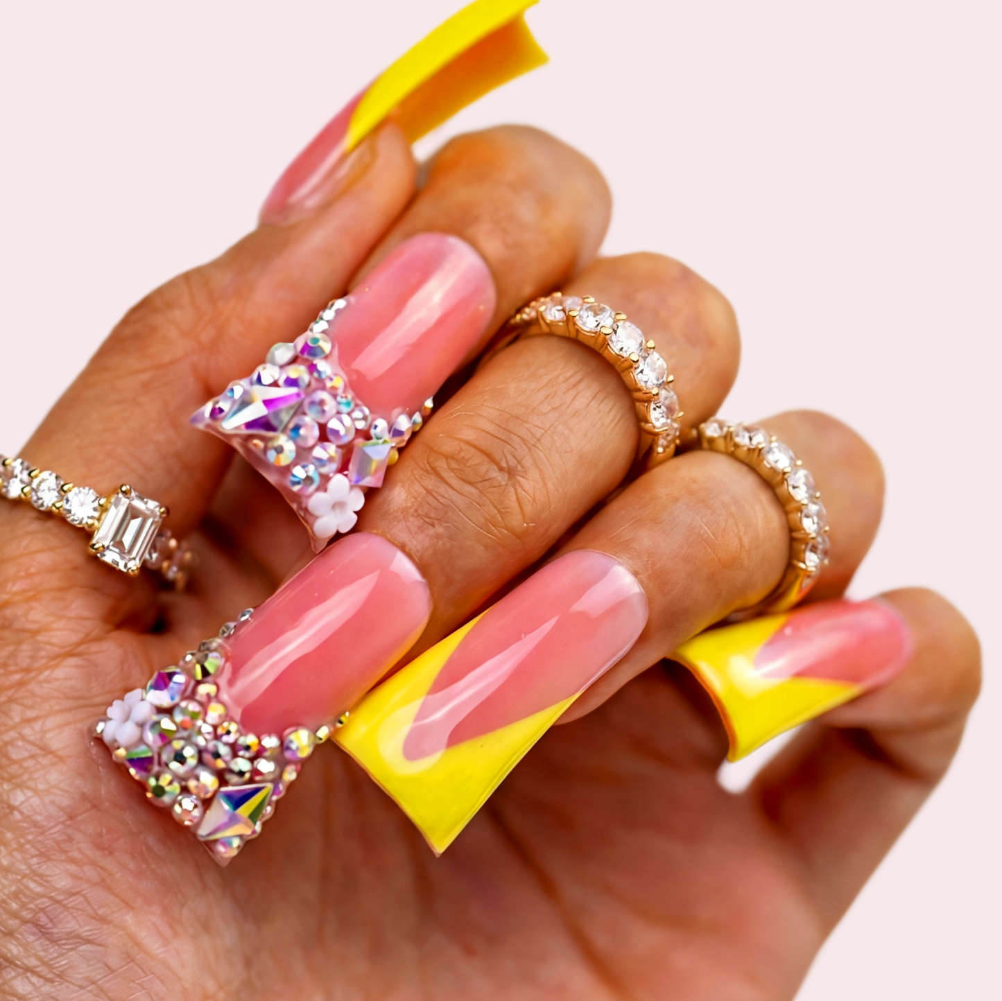 Sunny Yellow V French – Nude & Bright Yellow Long Duck Press-Ons with Iridescent Rhinestone Accents