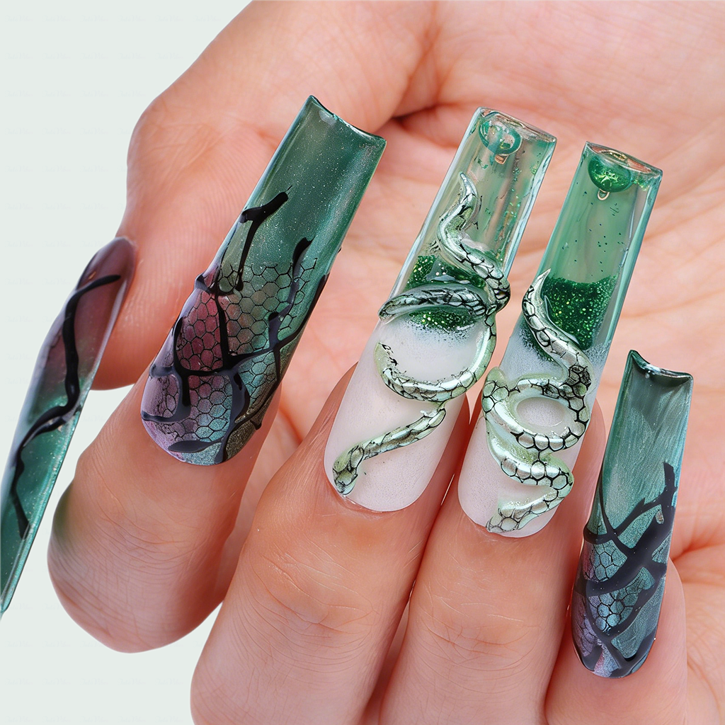Snake Scale  Green & Purple Long Square Water Press-Ons with 3D Snake & Cracked Print Accents