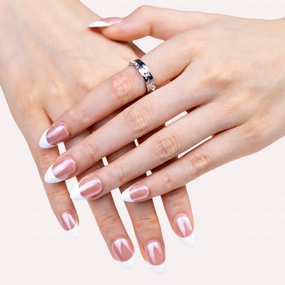 Nude Shimmer French – Soft Nude Pink Short Almond Press-Ons with Classic White French Tips