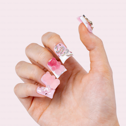 Gummy Princess – Soft Pink & White Short Duck Press-Ons with 3D Gummy Bear & Rhinestone Snake