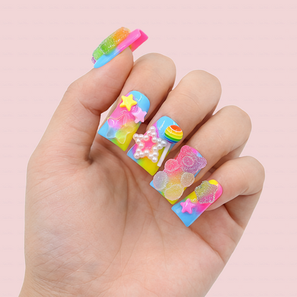 Candy Pop – Neon Rainbow Short Duck Press-Ons with 3D Gummy Bear & Lollipop Charms