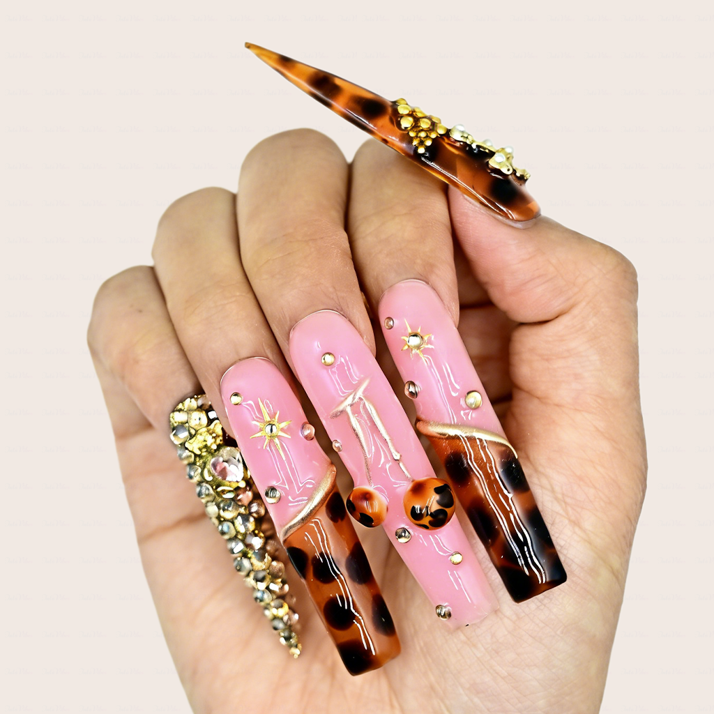 Tortie Cherry – Long Stiletto Press-Ons with Tortoiseshell & Cherry Accents