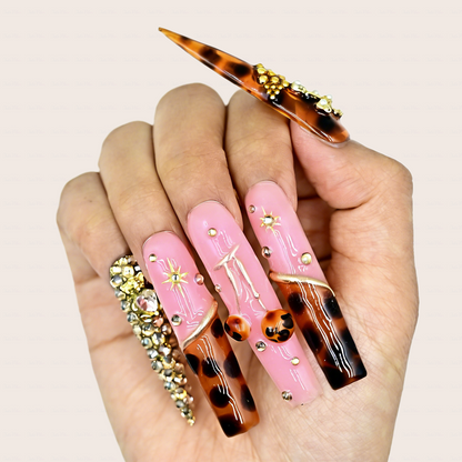Tortie Cherry – Long Stiletto Press-Ons with Tortoiseshell & Cherry Accents
