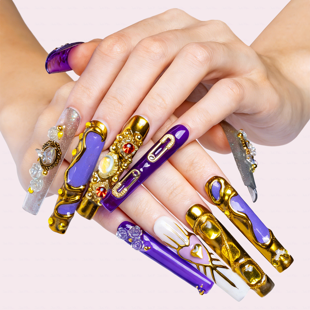 Royal Opulence – Purple & Gold Long Square Press-Ons with 3D Baroque Charms