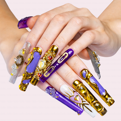 Royal Opulence – Purple & Gold Long Square Press-Ons with 3D Baroque Charms